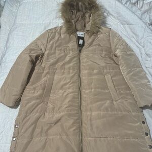 Ultra Warm Beige Puffer Jacket with Faux Fur Hood